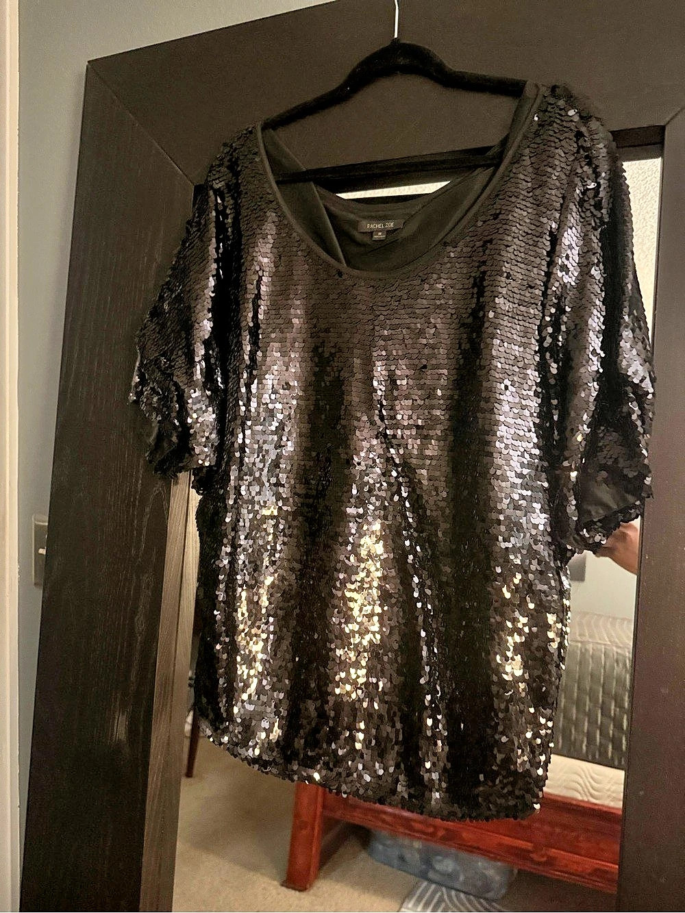 Rachel Zoe Sequin Short Sleeve Top in Black Size Medium Like New
